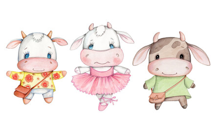 Cute cartoon cows - symbol of New Year 2021. Watercolor hand drawn sketch, illustration, icon. Isolated on white  background. 