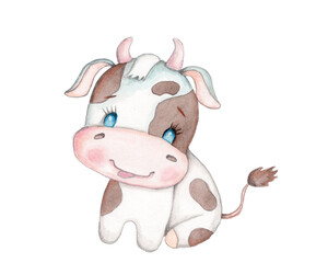 Cute cartoon funny bull. Watercolor illustration for children. Hand drawn sketch art. Isolated.