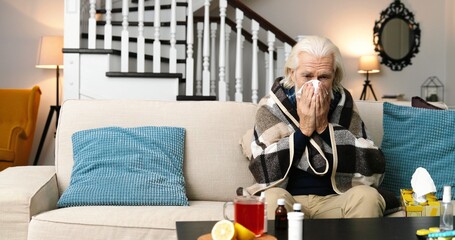 Sick mature man wrapped blanket blowing running nose, feeling unhealthy and ill, holding paper napkin, handkerchief sitting on couch at home
