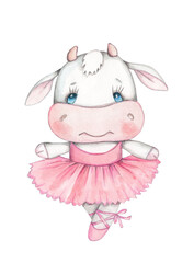 Cute cartoon funny cow in pink ballet dressl. Watercolor illustration for children. Hand drawn sketch art. Isolated.