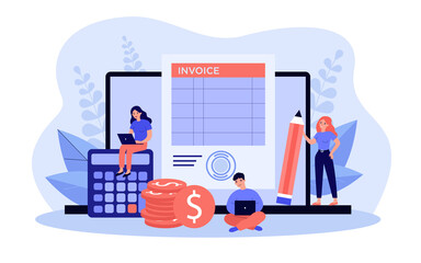 Tiny accountants working on computer invoice isolated flat vector illustration. Cartoon characters preparing reports about VAT, payroll and paid money. Online payment and accounting concept