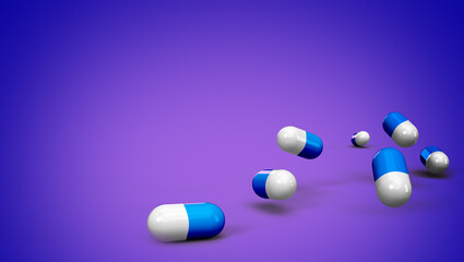 medicine capsules and tablets in 3D on color backdrops