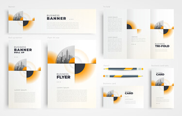 Circles theme Identity Set flyer cover, tri-fold, banner, roll up banner, business card orange color