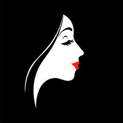 Beautiful face of a girl with closed eyes on a black background. Red lips. Logo for a beauty salon. Vector fashion illustration.