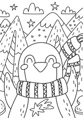 Penguin coloring book for kids and adults. Beautiful christmas coloring page. - 385728470