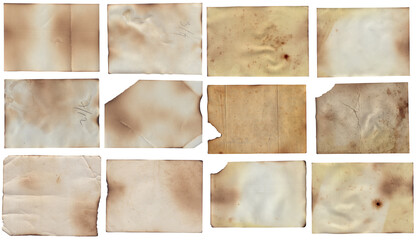 Bunch of Old vintage texture retro paper with burned edges, stains and scratches background