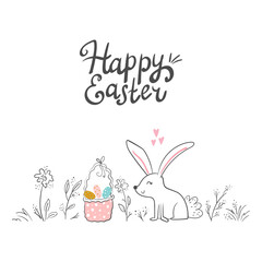 Easter bunny with a handwritten headline Happy Easter. Vector illustration. Hand drawn Vector card