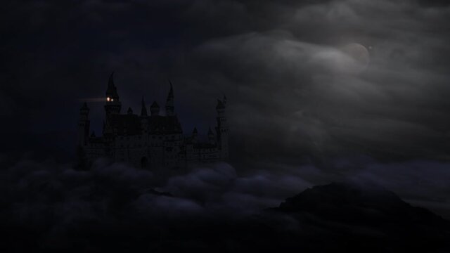 Old castle on top of a hill with forked lighting in a spooky haunted shot.