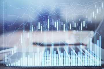 Multi exposure of forex graph and work space with computer. Concept of international online trading.