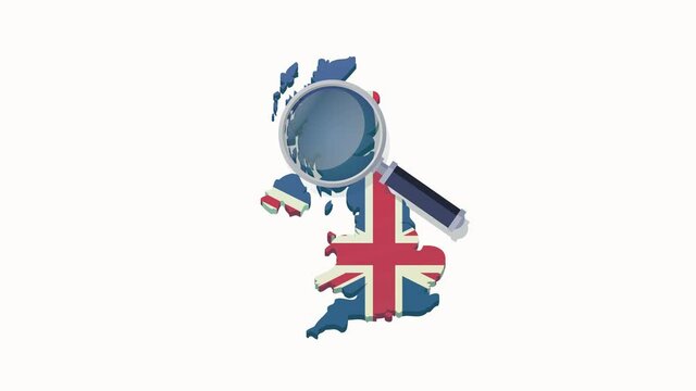 Search loop with magnifying glass on the map of United Kingdom flag on a white background (flat design)