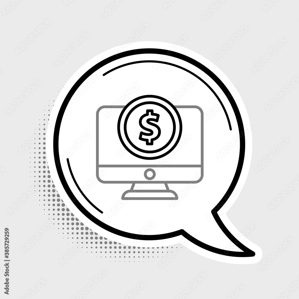 Poster line computer monitor with dollar symbol icon isolated on grey background. online shopping concept. 