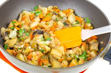 Stewed seasonal vegetables in pan, vegetable stew.