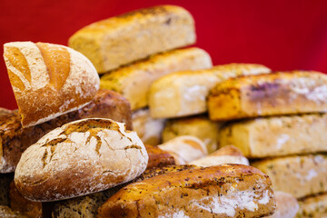 Many rustic fresh bread loaves