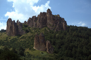 Fototapeta na wymiar High steep rock. Landscape with a sheer cliff surrounded by forest. Caucasus, Russia.