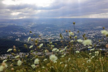 View of the Caucasian mountains in flowers at sunset.