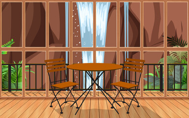 Obraz na płótnie Canvas interior of wooden resort with waterfall background