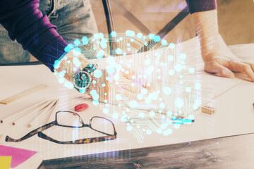 Man with multi exposure brain theme icons.