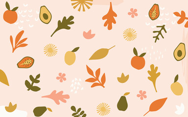 Colorful leaves poster background vector illustration. Exotic plants, branches, flowers and leaves art print for beauty and natural products, spa and wellness, fabric and fashion