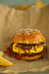 hamburger on a wooden background
