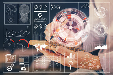 Writing human hands with tech theme multi exposure icons.