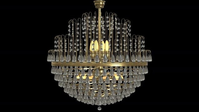 Gold chandelier and crystals rotating on its own axis