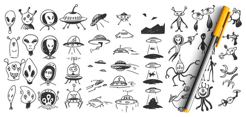 Aliens doodle set. Collection of hand drawn sketches templates patterns of outer space monsters creature inveders kidnapping people for experiments. Unknown flying objects and ufology illustration. © drawlab19