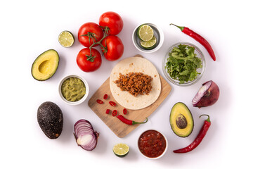 Mexican tacos ingredients isolated on white background. 
