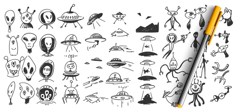 Aliens doodle set. Collection of hand drawn sketches templates patterns of outer space monsters creature inveders kidnapping people for experiments. Unknown flying objects and ufology illustration.