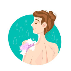 Vector image with a girl on the topic of hygiene and personal care; bathing with foam, soapy washcloth, girl from the back in the shower, matting hygiene procedures, preparation for advertising.