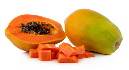 Papaya Fruit set slice isolated healthy fresh fruit top view vegetable agri nature fruit isolated on a white background.