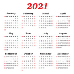 Vector calendar for 2021 year. Week starts Sunday