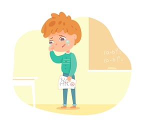 Sad upset kid in school with bad mark on paper. School education vector illustration. Boy crying after receiving bad grade on test or homework. Classroom interior design background