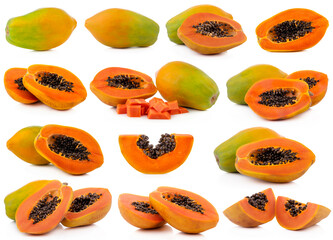 Papaya Fruit set slice isolated healthy fresh fruit top view vegetable agri nature fruit isolated on a white background.