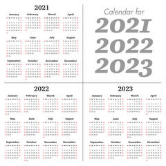 Vector calendar for 2021, 2022, 2023 years. Week starts Sunday