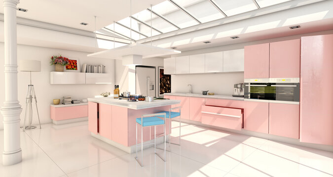 Industrial style domestic kitchen with skylight in pink and white