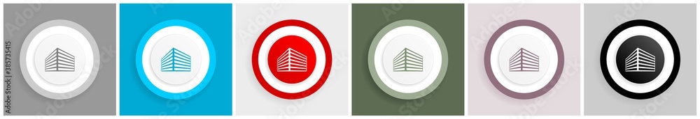 Fototapete modern design office building icon set, colorful flat design vector illustrations in 6 options for w