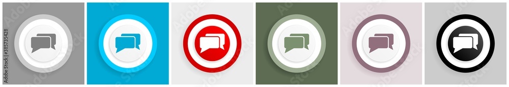 Aufkleber message, bubble, dialog icon set, colorful flat design vector illustrations in 6 options for web des
