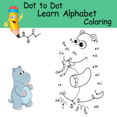 Dot to dot game with letters for kids. Learning the uppercase letters of the English alphabet with cute cartoon Hippo. Logic Game and Coloring Page for preschool. Worksheet for practicing alphabet.