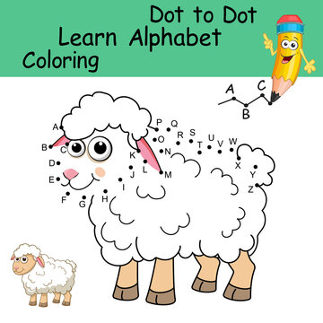 Dot to dot game with letters for kids. Learning the uppercase letters of the English alphabet with cute cartoon Sheep. Logic Game and Coloring Page for preschool. Worksheet for practicing alphabet.