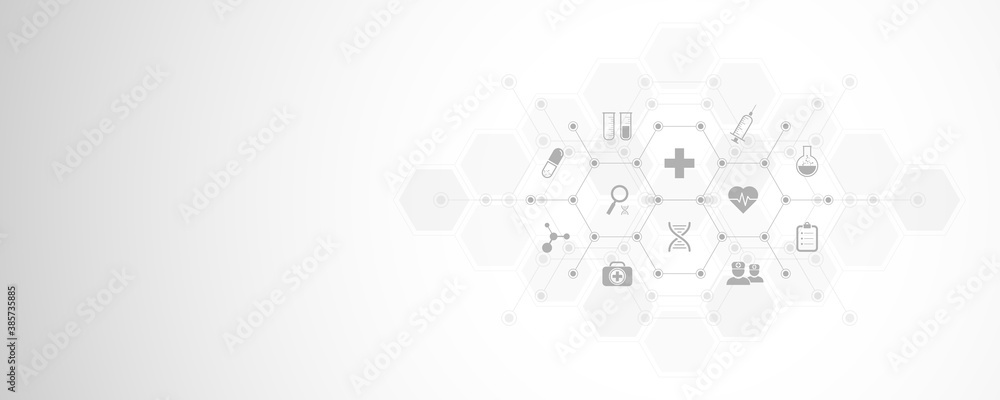 Poster Abstract medical background with flat icons and symbols. Template design with concept and idea for healthcare technology, innovation medicine, health, science and research.
