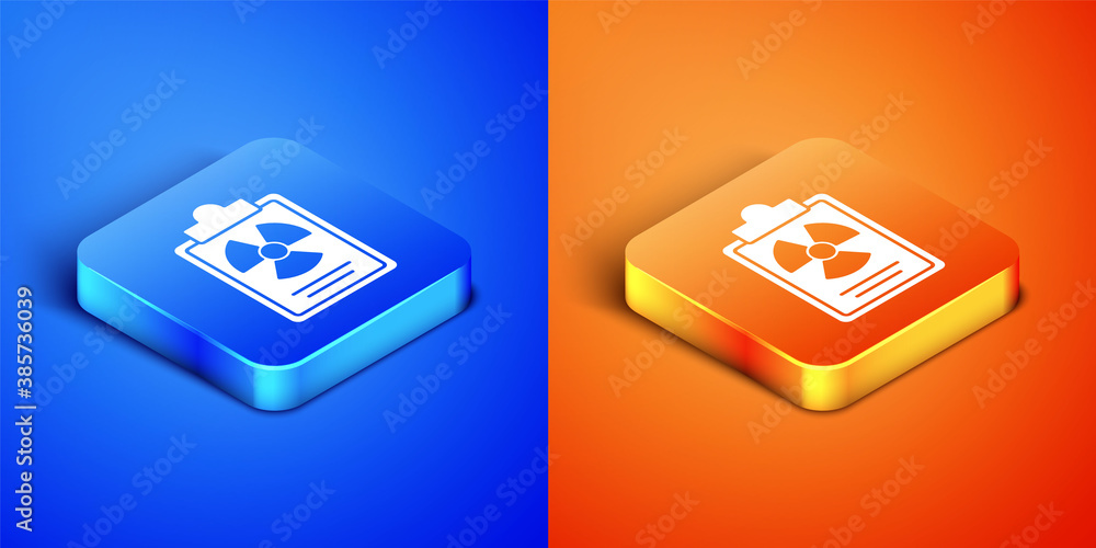 Poster isometric radiation warning document icon isolated on blue and orange background. text file. square 