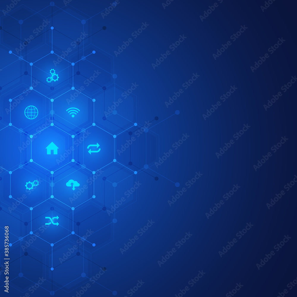 Poster Technology background with flat icons and symbols. Concept and idea for internet of things, communication, network, innovation technology, system integration.