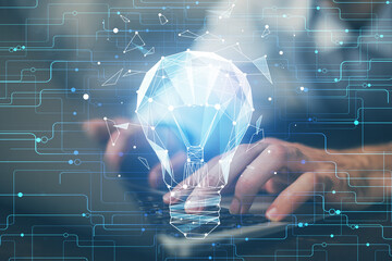 Growing arrows with businessman working on computer on background. Success concept. Double exposure.