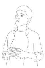 Sketch portrait of a boy who is thinking about something and with a cube in his hands