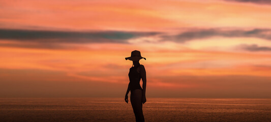 Traveler girl in sunset on tropical ocean.