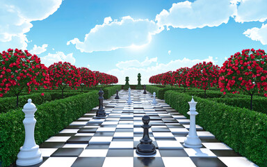 Maze garden 3d render illustration. Chess, trees with red flowers and clouds in the sky. Alice in wonderland theme.