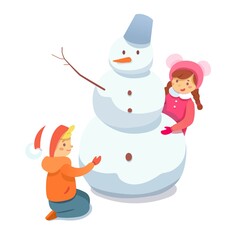 Winter outdoor recreation flat illustration. Wintertime games and leisure activity for kids isolated clipart. Children cartoon characters building snowman, playing in snow design element.