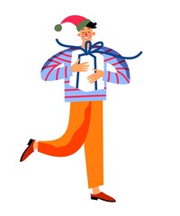 Man receiving present at Christmas party. Happy holiday celebration vector illustration. Festive party at home, guy holding gift in hands. Xmas in winter, isolated on white background