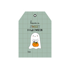Halloween favor gift treat bag tag. Cute kawaii ghost holding pumpkin bucket with candies lettering