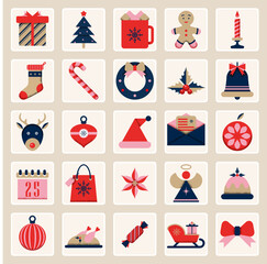 Festive Christmas icons, elements collection for patterns, cards, vector background.  Winter holiday season set.